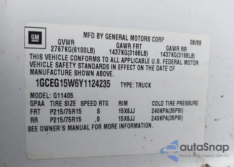 2000 Chevrolet Express z USA, uszkodzony, nr VIN 1GCEG15W6Y1124235